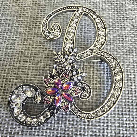 Jewelry - Letter B Initial Brooch Pin Silver Rhinestone Crystal Floral Pink Trendy
